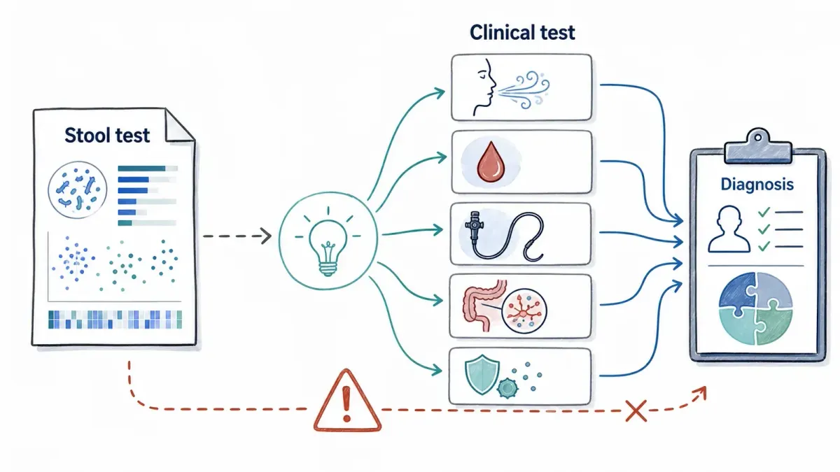 Whiteboard-Skizze Stuhl report branching toward clinical test cards and diagnosis clipboard — best microbiome test
