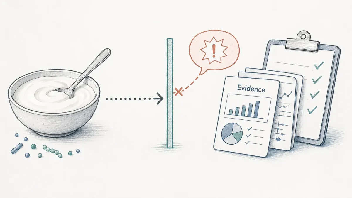 Whiteboard-Skizze mit Skyrschale, Warnsymbol und Evidenzkarten — Skyr Probiotika Evidenz