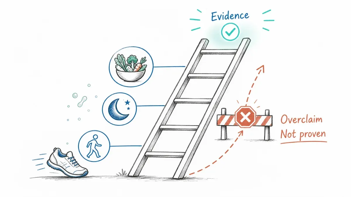 Whiteboard-Evidenzleiter mit Ernährung, Schlaf, Bewegung und Abkürzungsversprechen — Darmmikrobiom-Biohacks