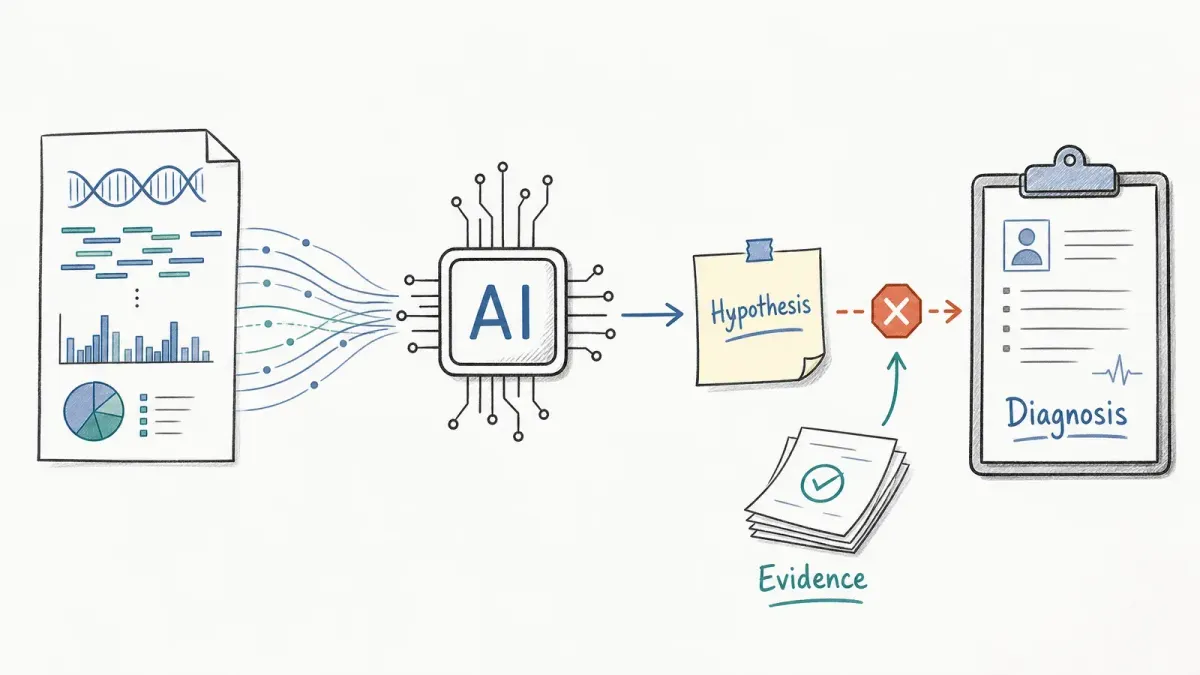 Sequenzdaten fließen zu einem KI-Chip und weiter zu einer Hypothese, gestoppt vor Diagnose — KI-Mikrobiom-Metagenomik