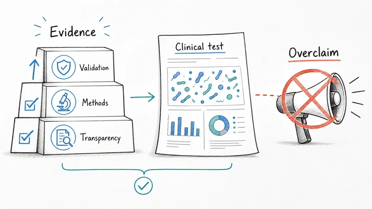Whiteboard-Checkliste zu Methoden, Validierung und Transparenz neben Stuhltestbericht — bester Mikrobiomtest-Anbieter