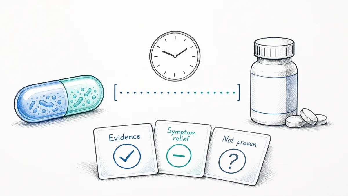 Probiotika-Kapsel, Uhr, Antibiotika-Flasche und Evidenzkarten mit Zeitabstand — wann Probiotika einnehmen