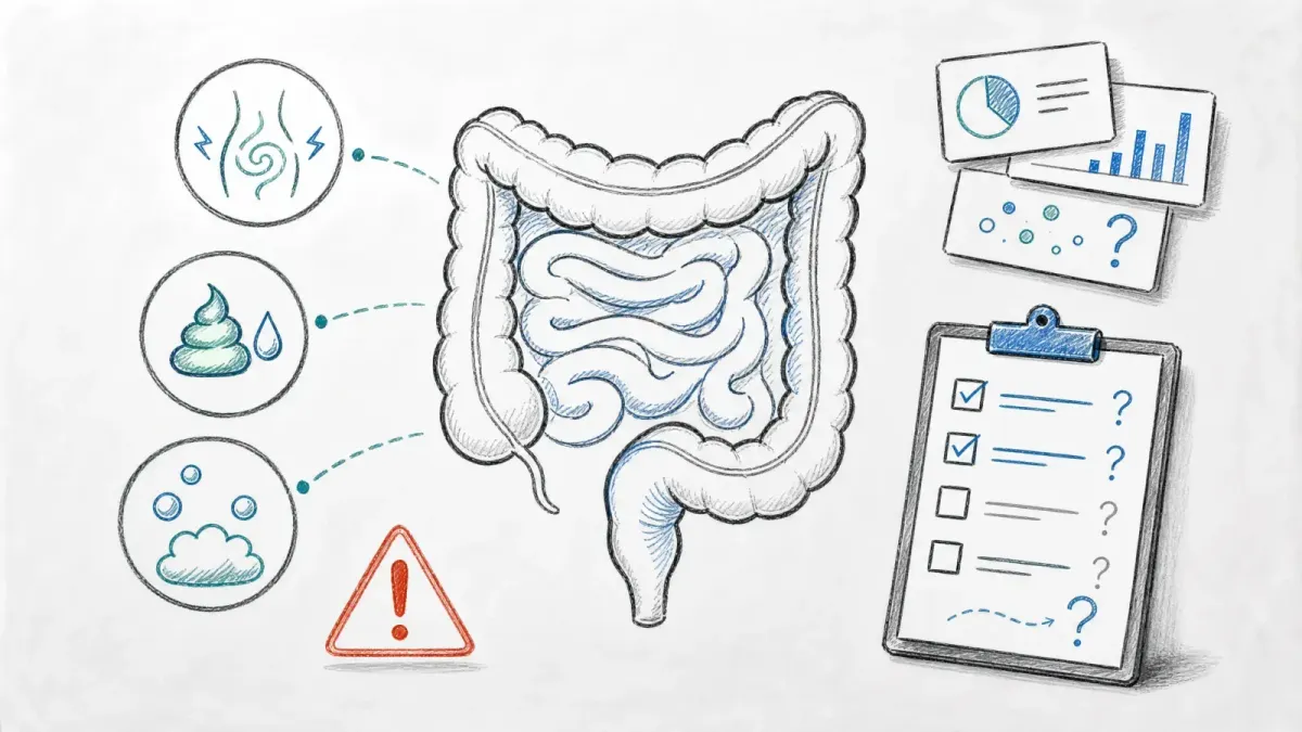 Whiteboard mit Darmumriss, Symptom-Icons, Warnsymbol, Evidenzkarten und klinischer Checkliste - Signale erkrankter Därme