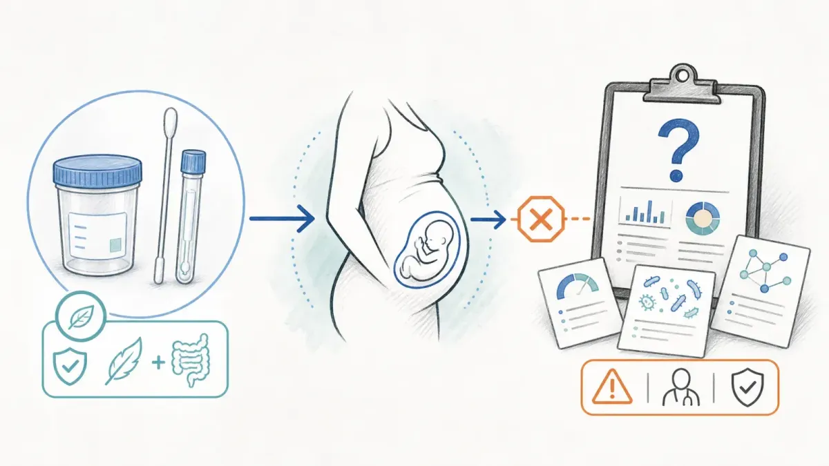Stuhlproben-Kit, Schwangerschaftssymbol, Evidenzkarten und klinisches Klemmbrett — Mikrobiomtest in der Schwangerschaft