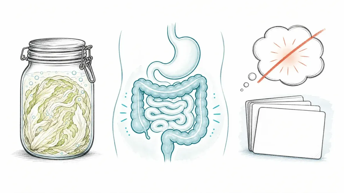 Skizze von Sauerkraut neben Evidenzkarten und Übertreibungsblase — Sauerkraut und Verdauung