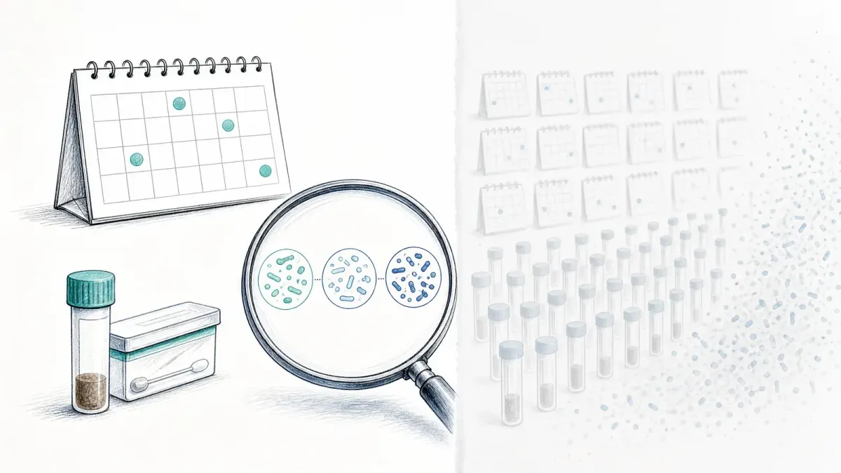 Kalender, Stuhltest-Kit und Lupe vergleichen wenige zeitlich getrennte Proben — wie oft sollte man Darmprobleme testen