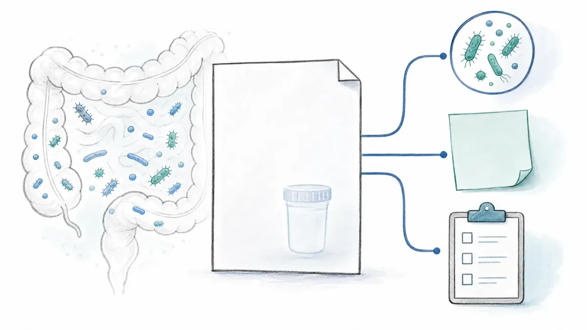 Whiteboard-Stuhltest mit Abzweigung zu Erregertest und Hypothese — Bakterien im Darm testen