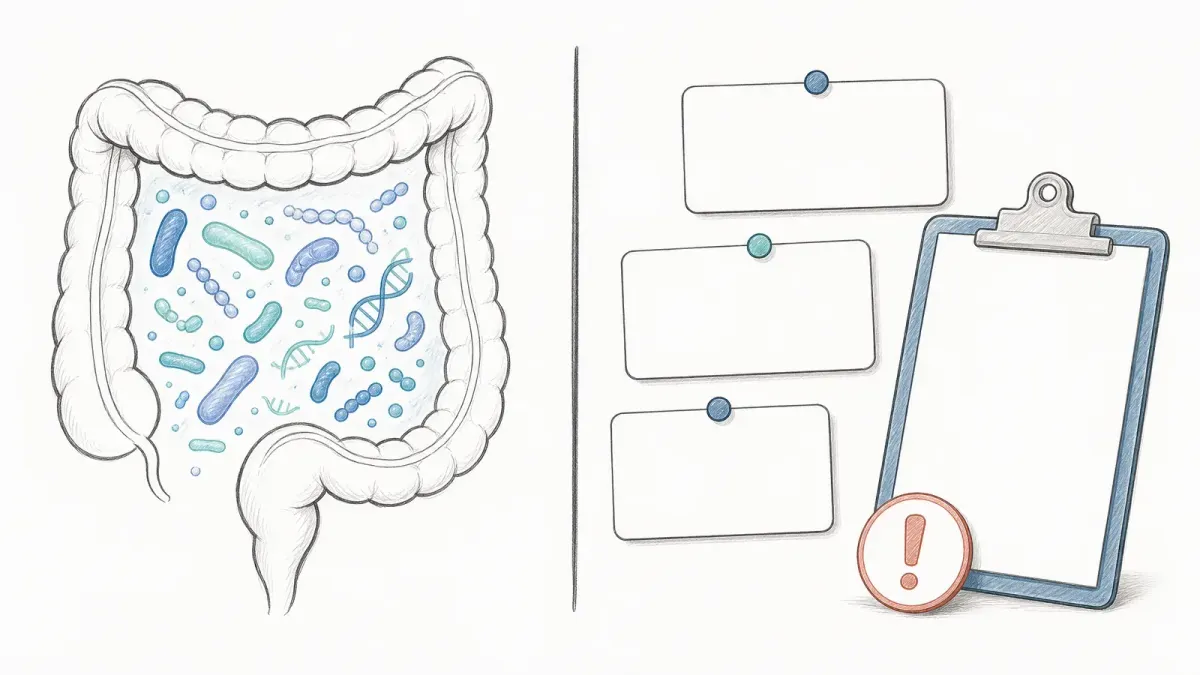 Whiteboard-Diagramm mit Mikroben, Genen, Darm und Evidenzgrenze — Bedeutung von Mikrobiom