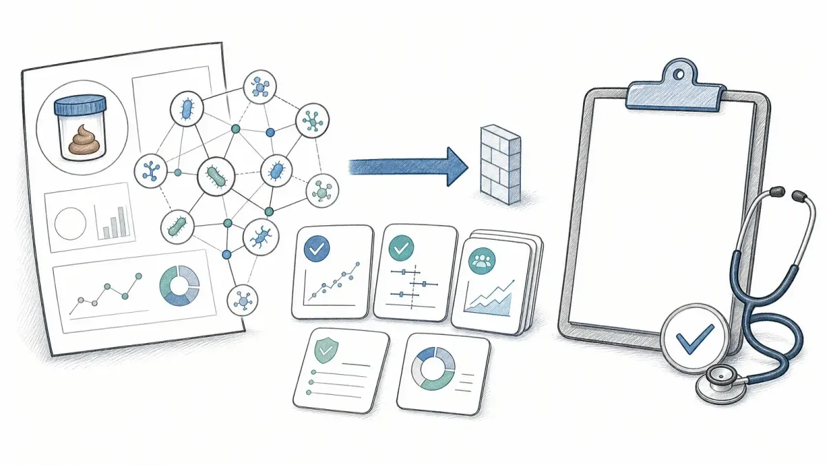 Whiteboard-Diagramm mit Mikrobiom-Netzwerk und gestoppter Diagnose-Mappe - Graph Neural Networks Mikrobiom IBD
