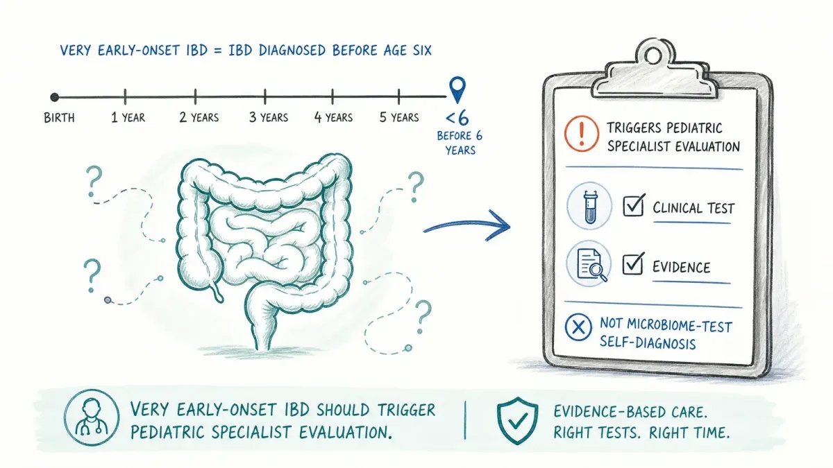 Alterslinie vor sechs Jahren mit Darmsymbol und klinischem Klemmbrett - Very Early-Onset IBD