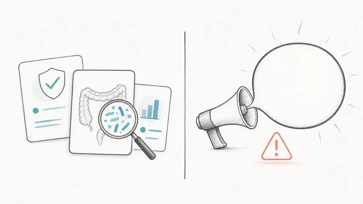 Whiteboard-Grafik trennt Evidenzkarten von einer Darmgesundheits-Hype-Blase - Darmgesundheits-Trends ohne Evidenz