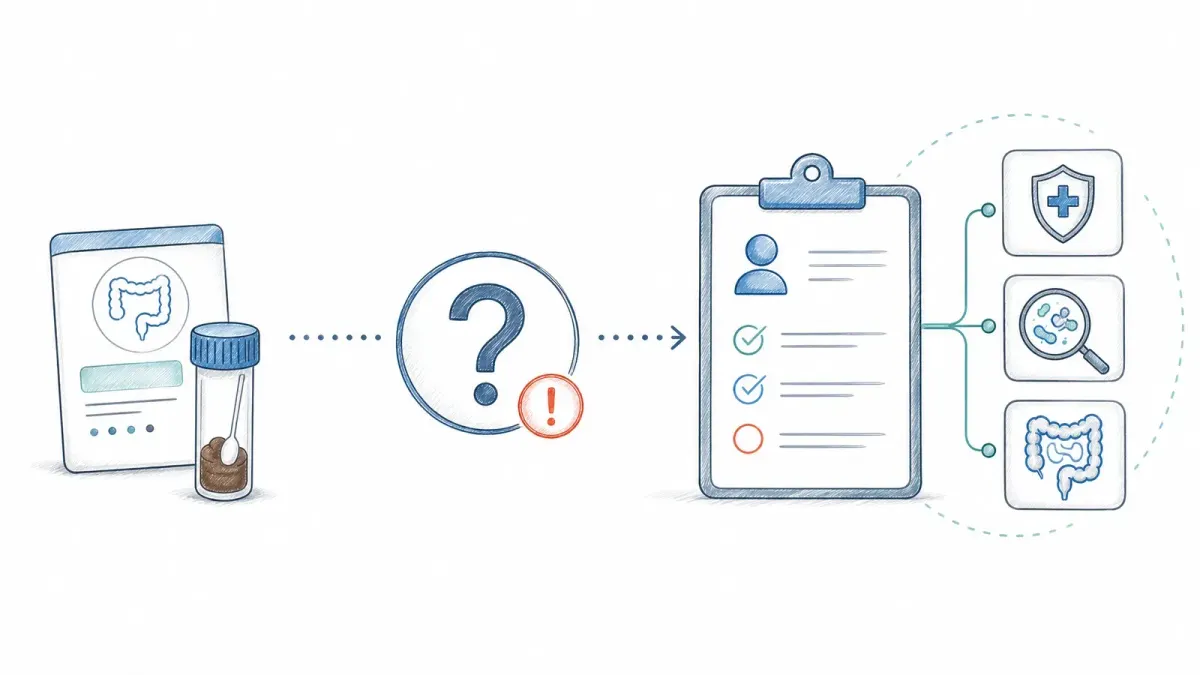 Whiteboard-Testkit für zu Hause neben Evidenzkarten und klinischer Checkliste - Grenzen von Mikrobiomtests
