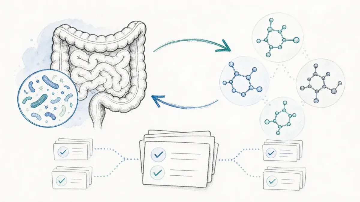 Whiteboard-Skizze von Hormonmolekülen und Darm mit Pfeilen in beide Richtungen — Hormone und Darmmikrobiom