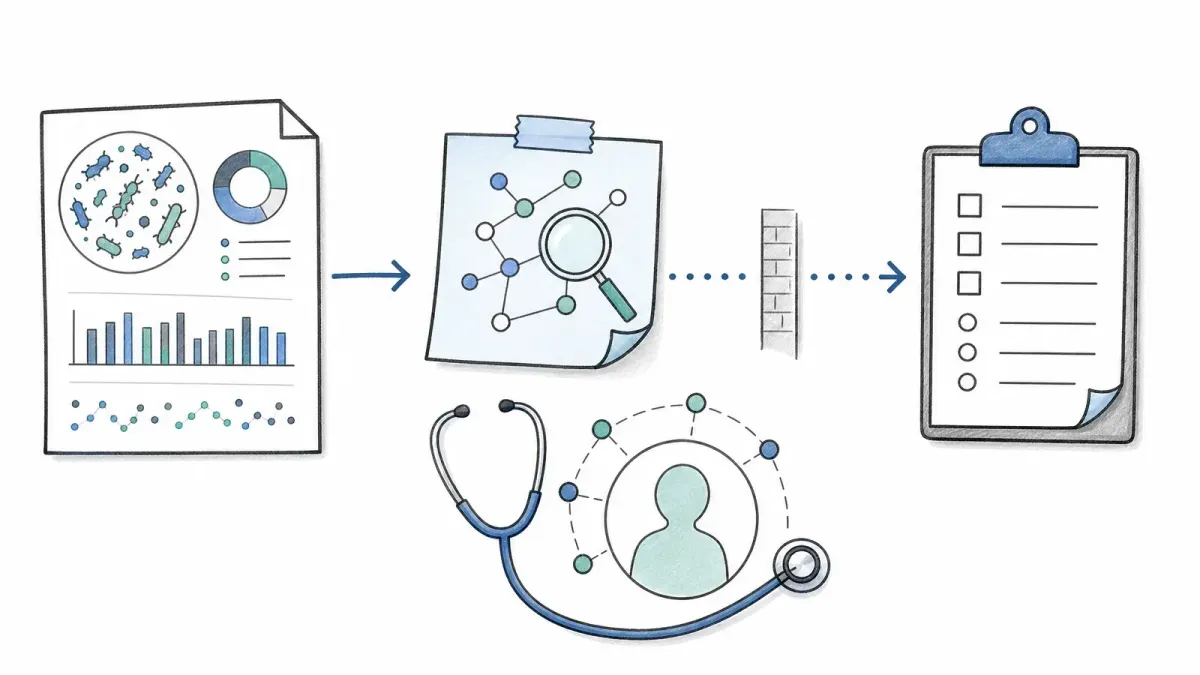 Whiteboard-Diagramm eines Stuhltests, der vor klinischen Entscheidungen zu Hypothesen führt — Mikrobiomtests