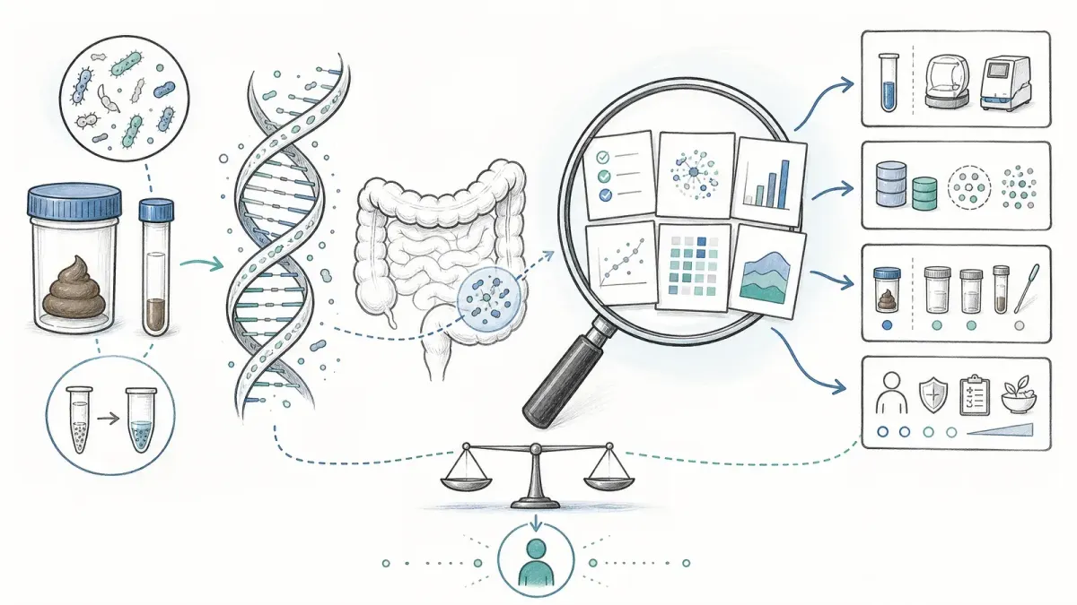 Whiteboard-Diagramm mit DNA-Helix, Stuhlprobe, Darmumriss und Lupe — genetische Analyse der Darmmikrobiota
