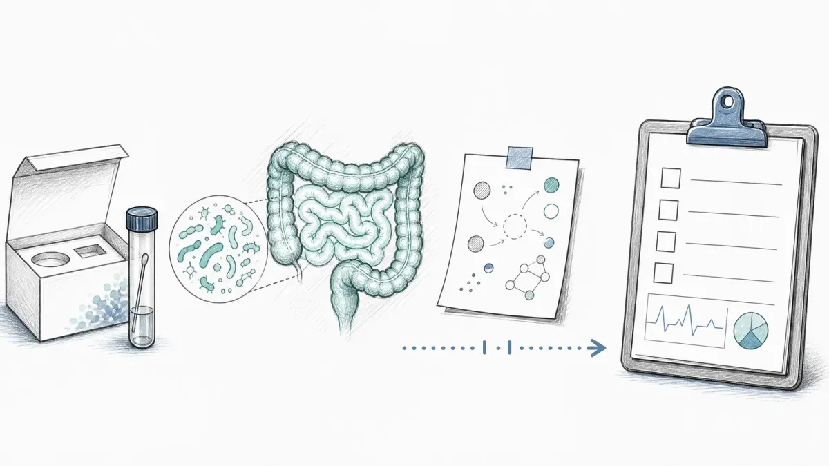 Whiteboard-Heimtest und Darmdiagramm getrennt von klinischem Klemmbrett — Darmtests und Evidenzgrenzen