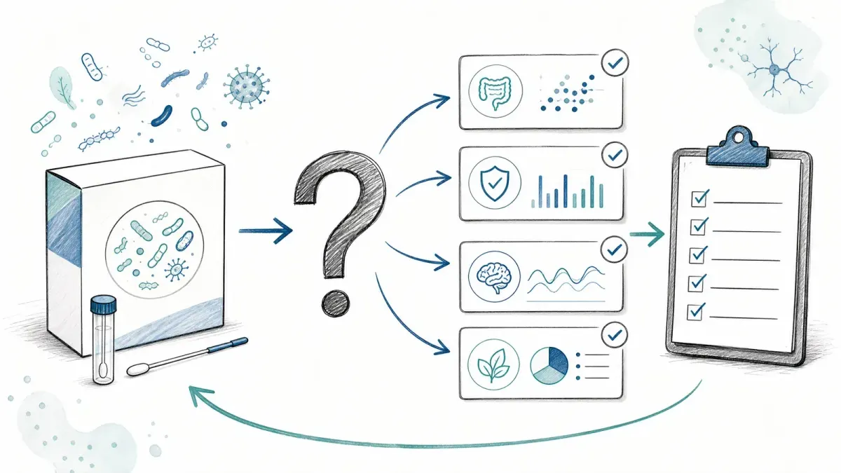 Whiteboard-Testkit, Fragezeichen, Evidenzkarten und klinisches Klemmbrett — bestes Darmgesundheit-Testkit