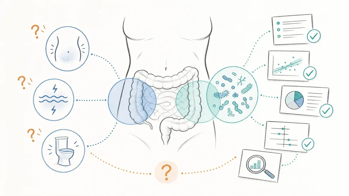 Darm-Symptomkarte mit Fragezeichen und Evidenzkarten — Symptome von Mikrobiota-Störungen