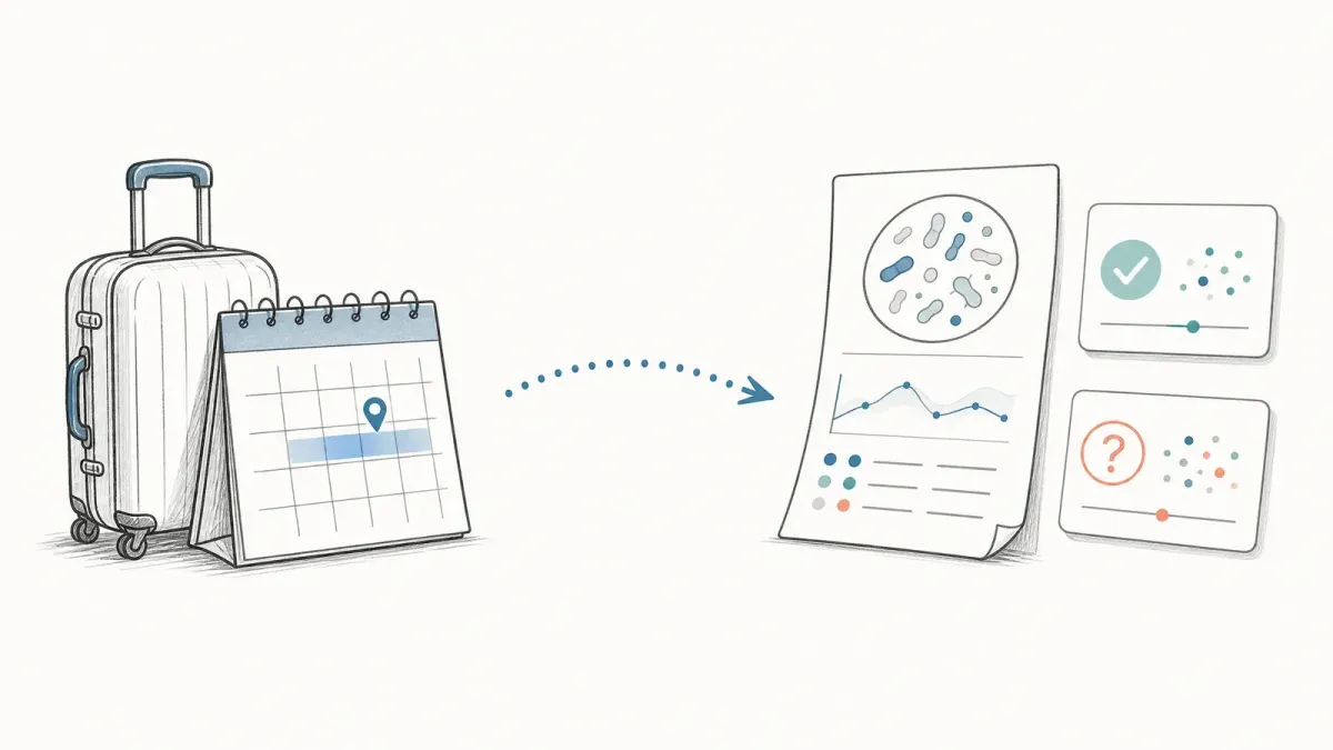 Whiteboard-Darstellung von Koffer, Kalender, Stuhltest und gestricheltem Zeitpfeil — Reisen und Mikrobiomtestergebnisse