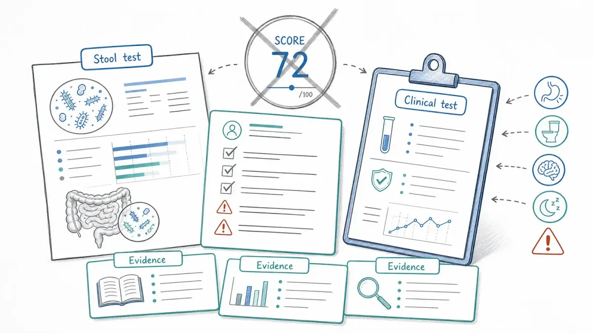 Whiteboard mit Stuhltest, Symptomliste und Evidenzkarten als Datenebenen — Darmgesundheit testen