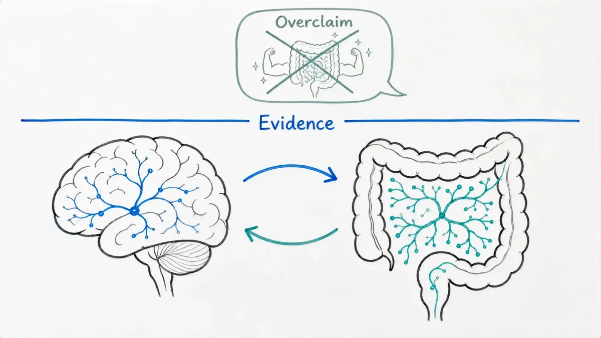 Whiteboard mit Gehirn und Darmnervensystem, verbunden durch Pfeile und Evidenzgrenze — Darm zweites Gehirn
