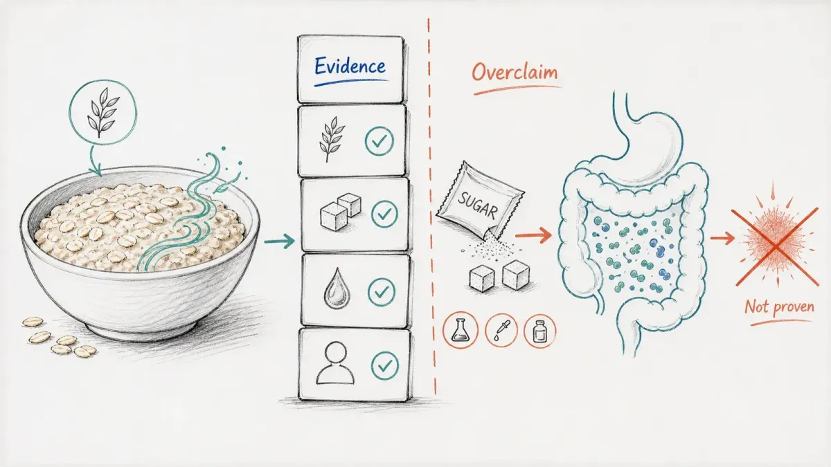 Whiteboard mit Haferbrei, Zuckerpäckchen, Darm und Evidenzkarten — Instant-Haferflocken und Darmgesundheit