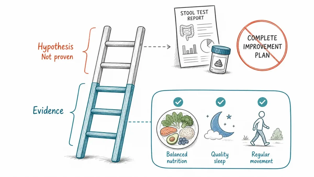 Whiteboard-Evidenzleiter mit Ernährung, Schlaf, Bewegung und Mikrobiombericht als Hypothese — Darmgesundheit für Anfänger