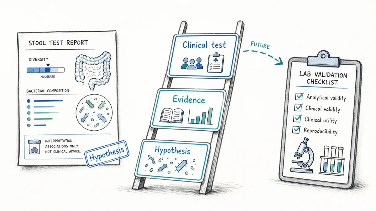 Whiteboard mit Stuhltest, Validierungscheckliste und Zukunftspfeil — Darmgesundheitstests der Zukunft