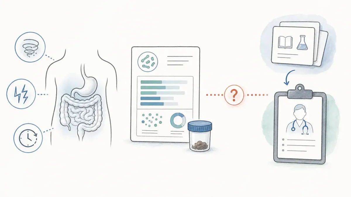 Whiteboard mit Darmsymbol, Symptom-Icons, Stuhltest und Diagnose-Klemmbrett — gestörtes Mikrobiom erkennen