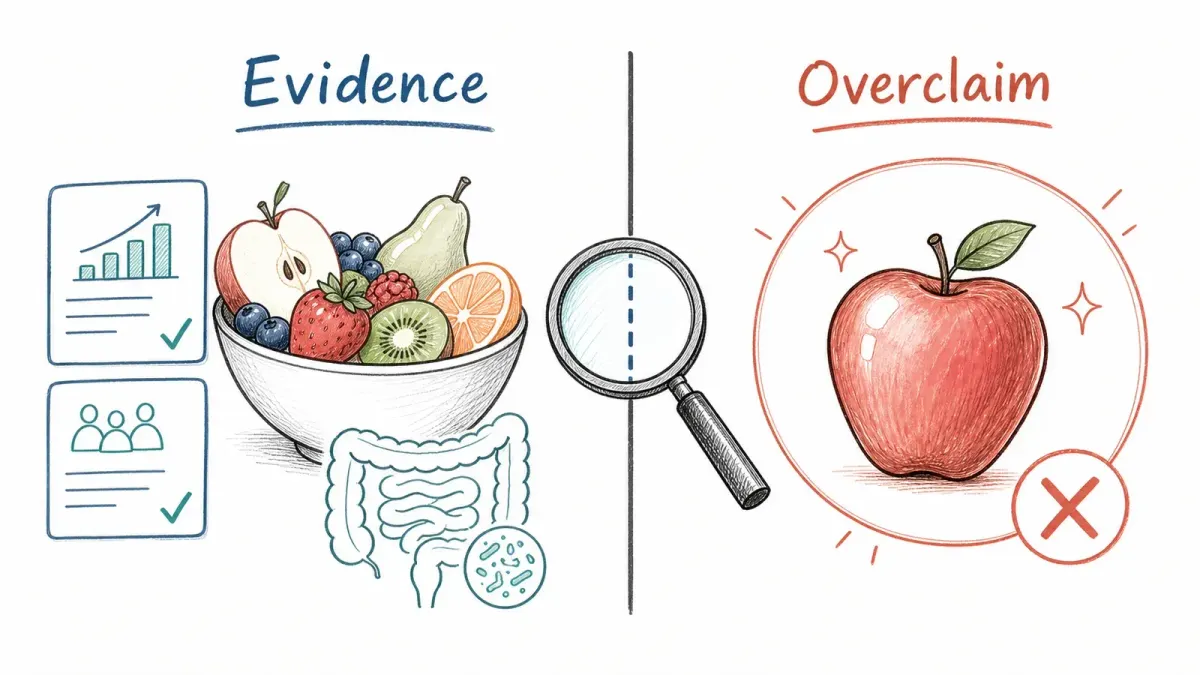 Whiteboard mit Obstschale, Evidenzkarten und einer Übertreibungsblase — gesündeste Frucht für den Darm