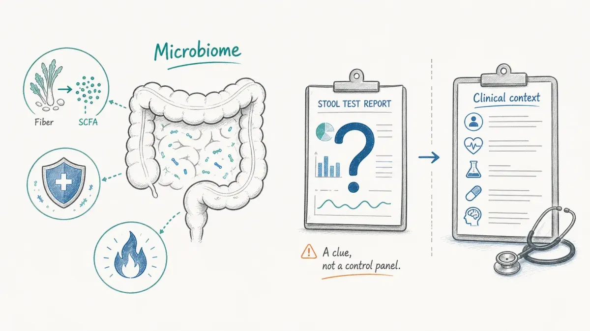 Whiteboard-Darm, Immunschild, Stoffwechsel-Symbol und Stuhlbericht mit klinischem Kontext — was das Mikrobiom macht