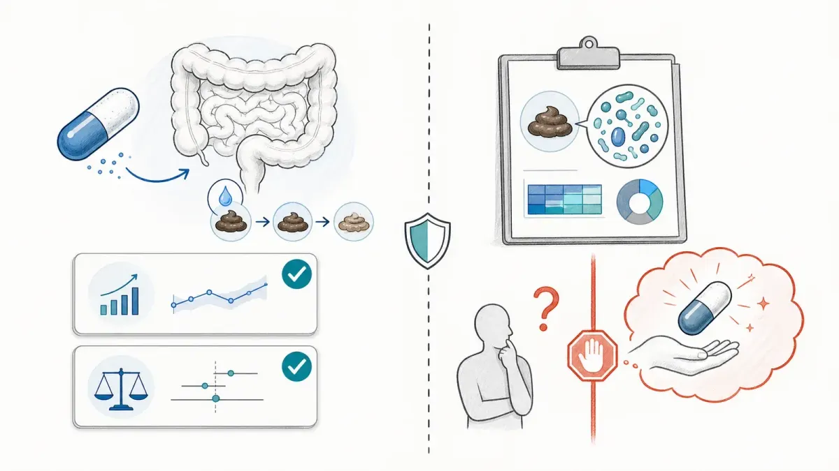 Whiteboard-Grafik mit Probiotika-Kapsel, Darm-Skizze und gestoppter Aussage-Blase — Probiotika und weicher Stuhl
