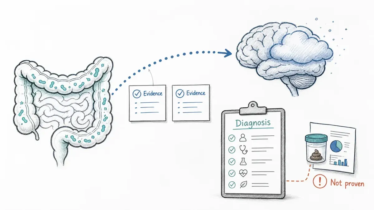 Whiteboard-Skizze von Darm-Hirn-Achse, Evidenzkarten und Diagnose-Checkliste — Brain Fog und Darmgesundheit