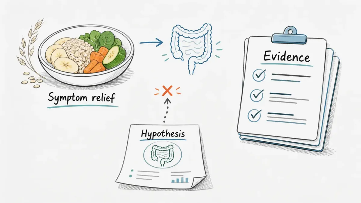 Whiteboard-Skizze mit sanften Lebensmitteln, Evidenzkarten und Stuhltest-Hypothese zur darmberuhigenden Ernährung