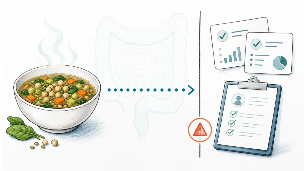 Whiteboard-Suppenschale mit gepunktetem Pfeil zu Evidenzkarten und Klemmbrett — Suppe für Darmgesundheit