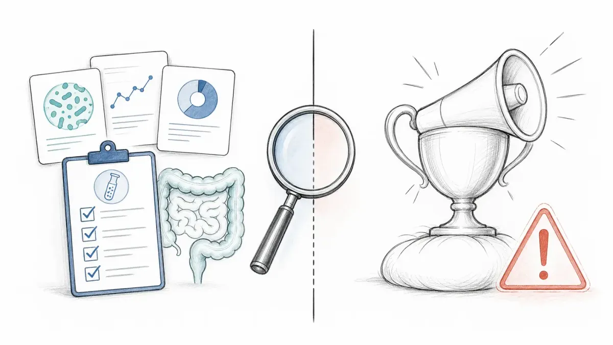 Whiteboard-Evidenzkarten getrennt von einem Übertreibungs-Pokal durch eine Lupe — Gut-Score-Vergleich