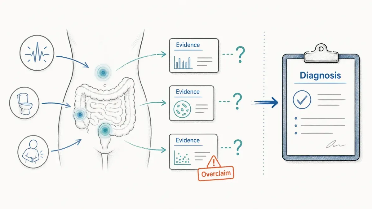 Whiteboard-Bauchkarte mit Evidenzkarten und Diagnose-Clipboard — Dünndarmschmerzen und Grenzen von Mikrobiomtests