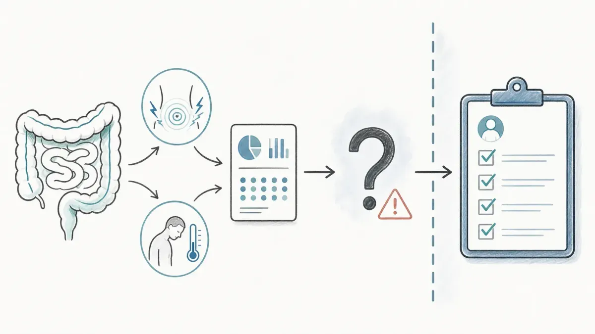 Whiteboard-Darmkarte mit Testbericht, Fragezeichen und klinischer Checkliste — Darmschaden erkennen und Mikrobiomtest-Grenzen