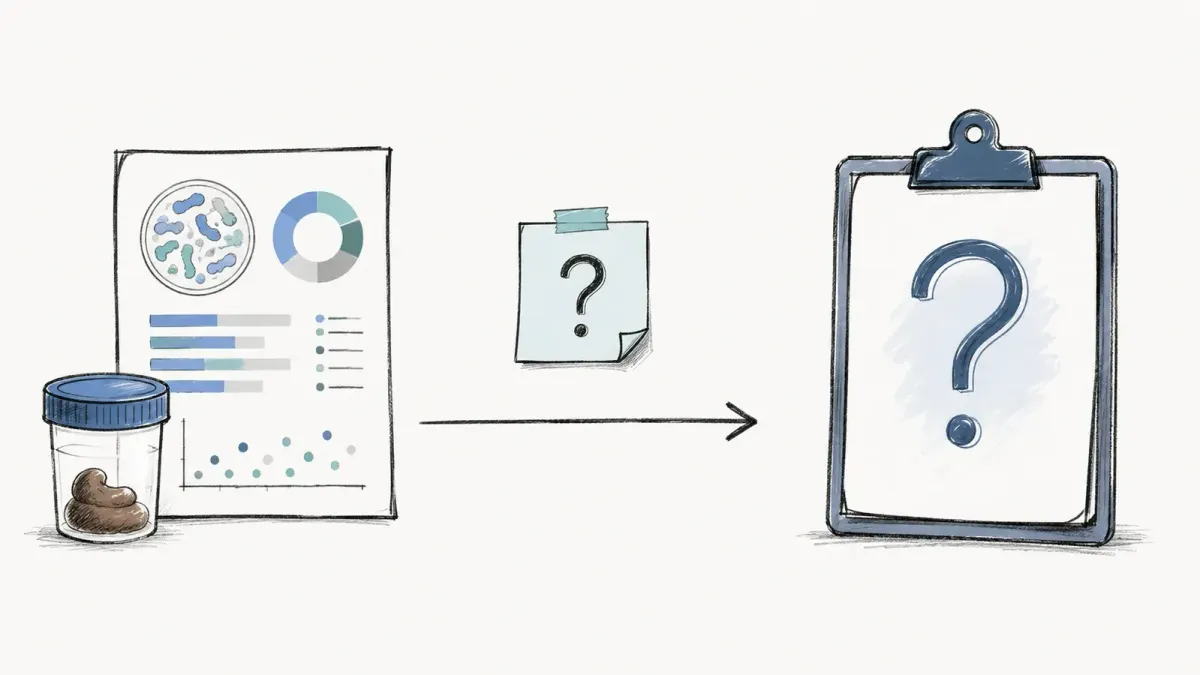 Whiteboard-Skizze eines Stuhltests mit unsicherem Diagnose-Clipboard - Mikrobiom-Imbalance