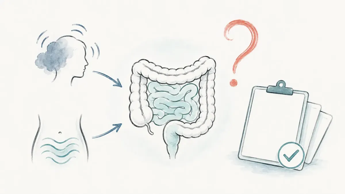 Whiteboard-Darmdiagramm mit Symptom-Symbolen, Fragezeichen und Evidenzkarten — Traurigkeit und Darm
