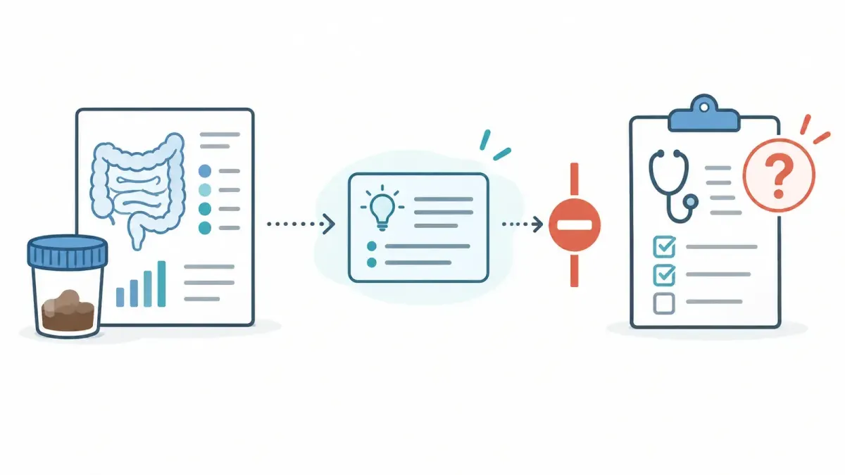 Whiteboard-Skizze mit Stuhlbericht, gestopptem Pfeil und klinischem Befundbogen mit Fragezeichen — Darmmikrobiota-Analyse