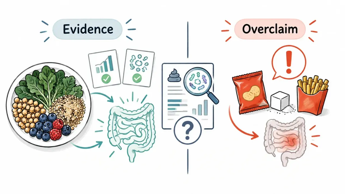 Whiteboard-Skizze mit Vollwertkost und Evidenzkarten neben Snack-, Zucker- und Frittiert-Warnsymbolen — Lebensmittel für Darmgesundheit