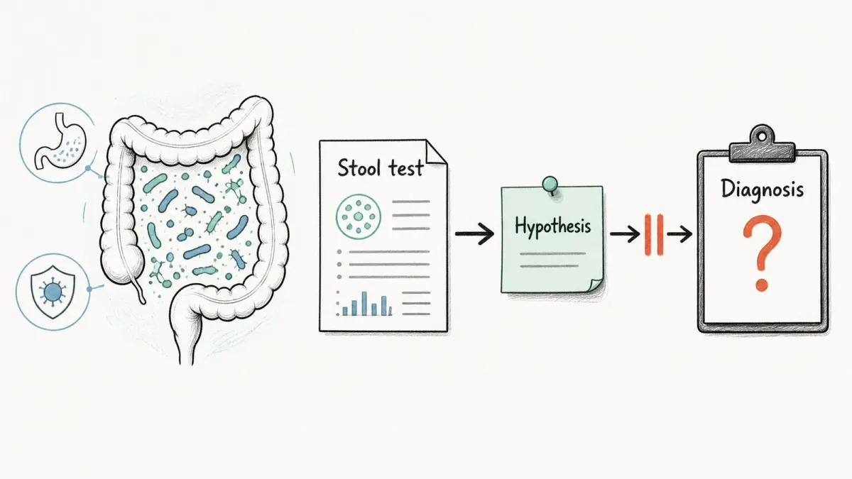 Whiteboard-Skizze: Stuhltest führt zu Hypothese, nicht Diagnose — Darmmikrobiom einfach erklärt