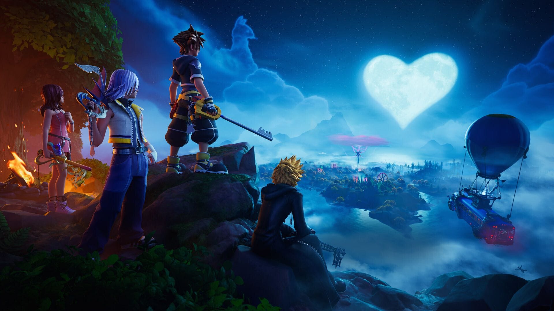 A promotional image of Sora, Riku, Kairi, and Roxas from Kingdom Hearts overlooking the island from Fortnite