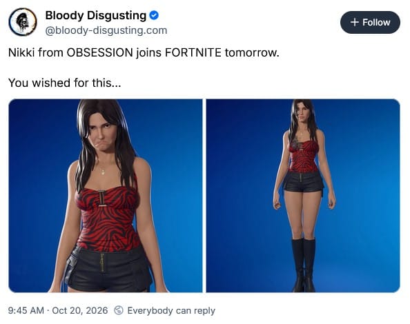 A picture of the character Nikki from the film Obsession as a Fortnite avatar