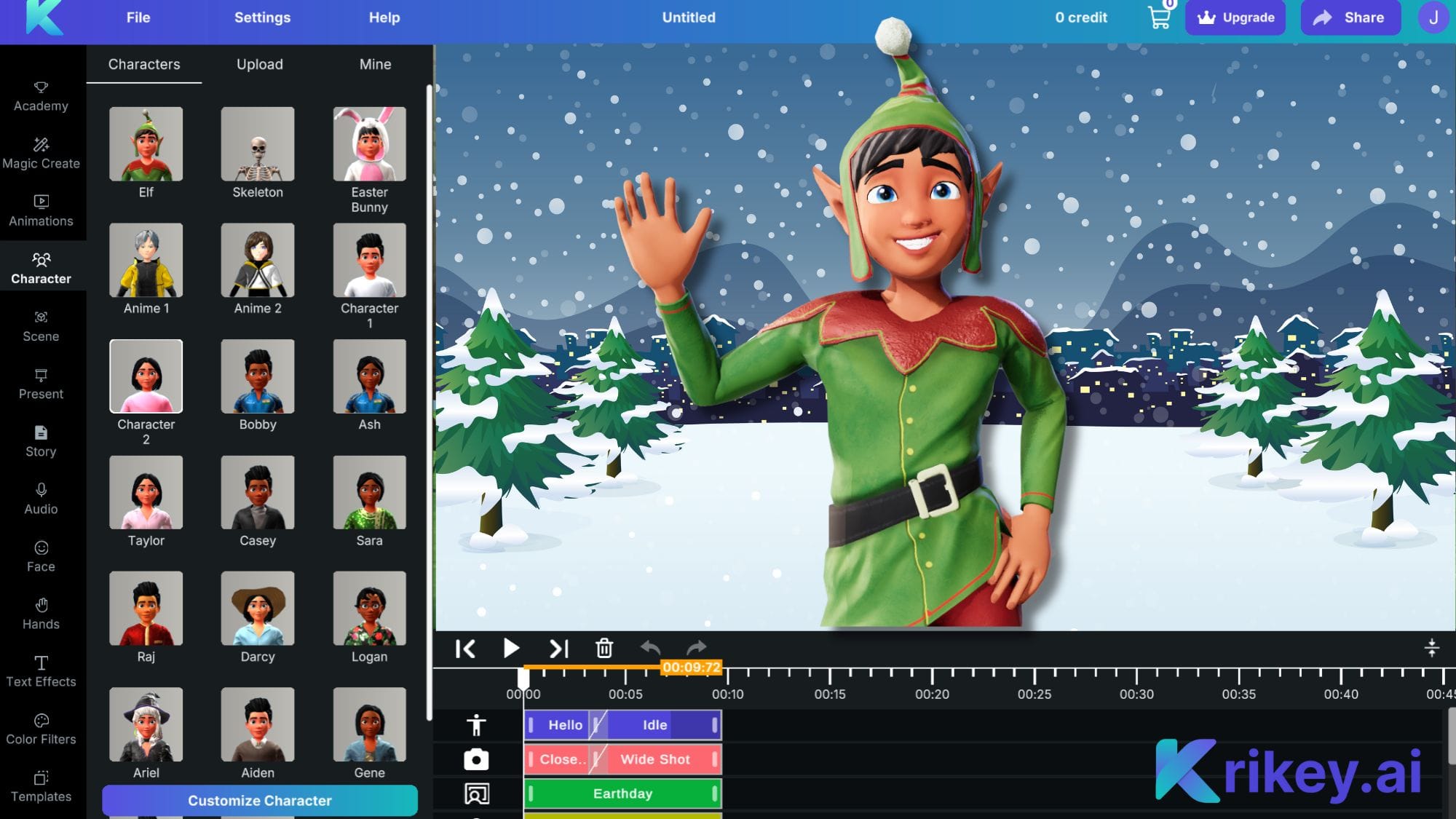 Krikey 3DビデオエディターのエルフキャラクターボイスAIを備えたキャラクターAIクリスマス壁紙