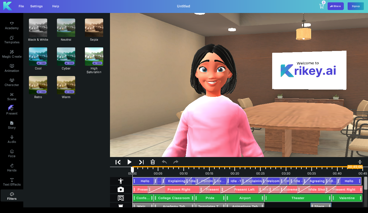 Color Filters in the Krikey AI Video editor