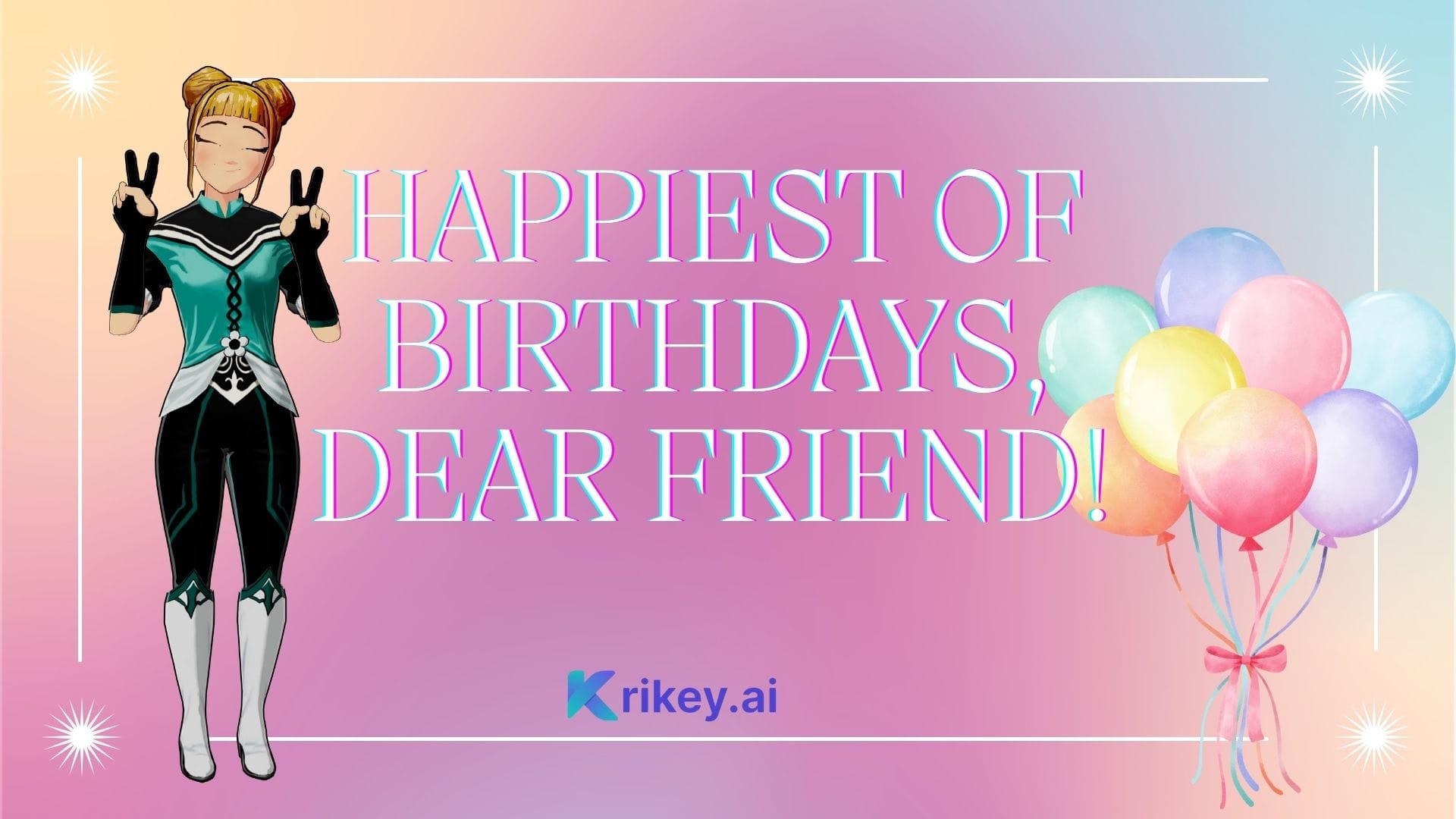 Cute anime girl birthday card Shonen style animated invite Kawaii 3D anime greetings