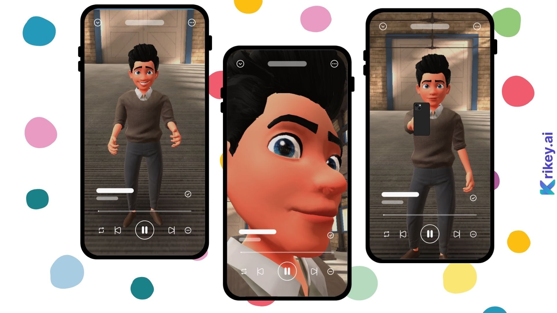 Animated character taking and saving various selfies to generate an AI video