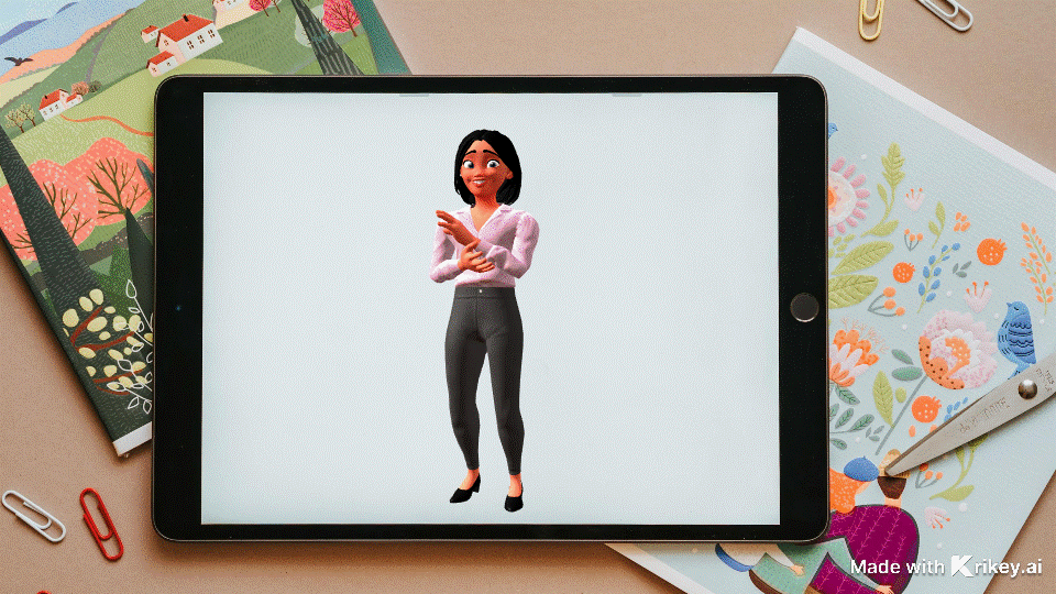 A student using Krikey AI on a tablet to create an animated character for a book report.